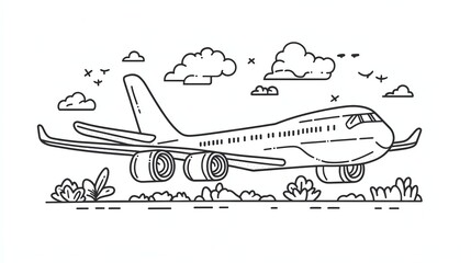 A simple line drawing of a plane flying through the clouds. The plane is drawn in a cartoon style and is flying over a field of grass.