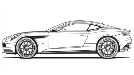 A sleek, modern sports car with a low profile and aggressive lines. The car is drawn in black and white, highlighting its sharp angles and curves.
