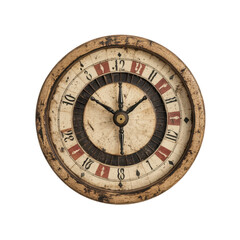 Vintage wall clock with ornate design and aged face, adding a classic touch to any room decor and reflecting timeless elegance.