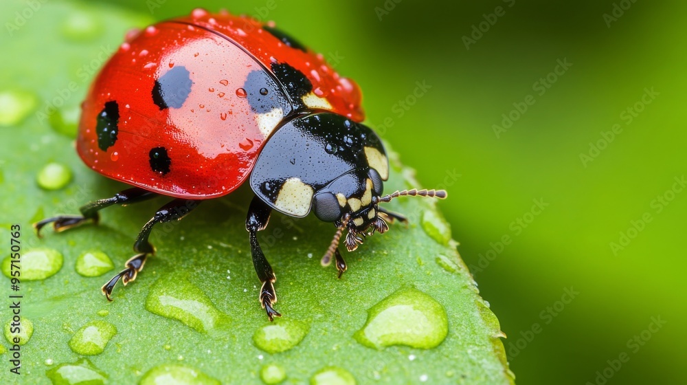 Poster a close-up of a ladybug on a leaf with morning dew, capturing its bright red shell and black spots a