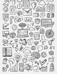 Various hand-drawn business and technology icons