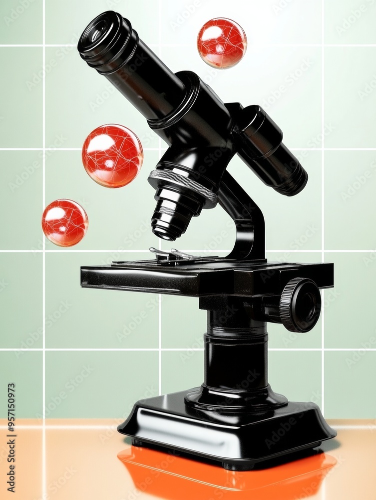 Aufkleber Male Scientist Conducts Research with Floating Microscope and Molecular Model in High-Tech Lab on National STEM Day, Midday, Dynamic Mood, Professional Attire