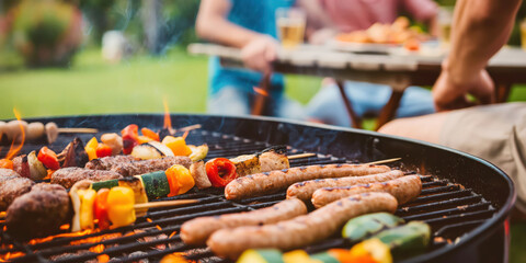 Outdoor summer barbecue with grilled sausages and vegetables in a relaxing garden setting