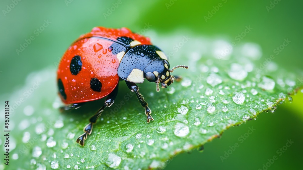 Poster a close-up of a ladybug on a leaf with morning dew, capturing its bright red shell and black spots a