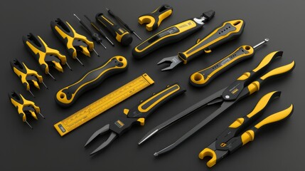 3d render of a modern electrical tool set featuring wire strippers, voltage testers, and pliers