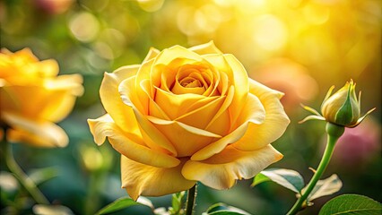 Vibrant yellow rose blooms in sharp focus, delicate petals unfolding from the center, against a soft, blurred background, showcasing its intricate textures and sunny disposition.