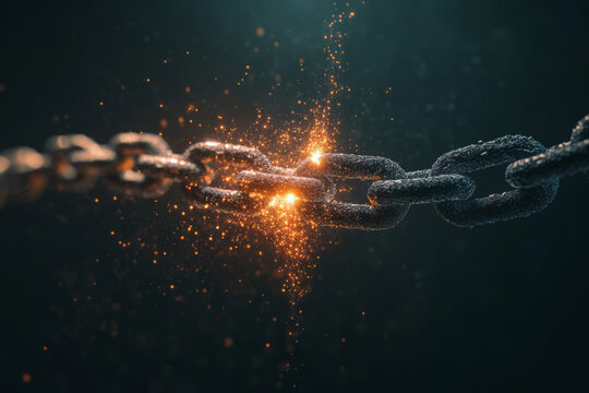 Metal chain link breaking with an explosive force. Freedom, breaking barriers concept