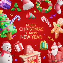 3D Christmas greeting card background. Render gift boxes, candycane, holly, sock, hat, gingerbread man, ball fur branches, santa, snowman. Wishes presents xmas new year eve. Vector illustration