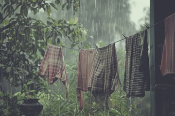 Clothes hanging on a line, soaked by heavy rain, with lush green foliage in the background creating a stark yet serene rainy day scene.