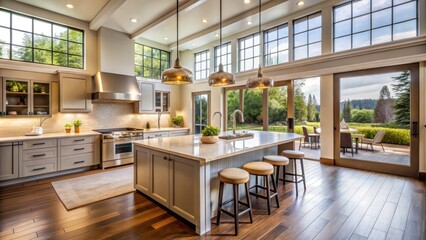 Warm and inviting open-plan kitchen with large island, high ceilings, and an abundance of natural light pouring in through the sliding glass doors.