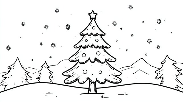 A simple black and white illustration of a Christmas tree in a snowy landscape.