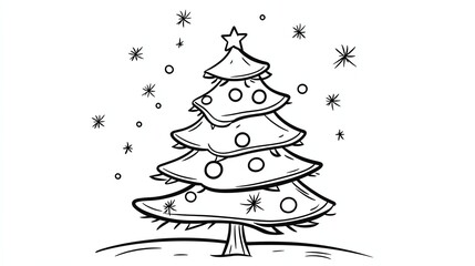 A simple black and white illustration of a Christmas tree with ornaments and a star on top.
