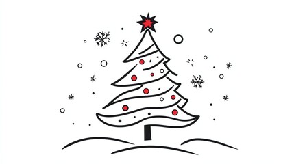 A simple, hand-drawn illustration of a Christmas tree with red ornaments and a star on top.