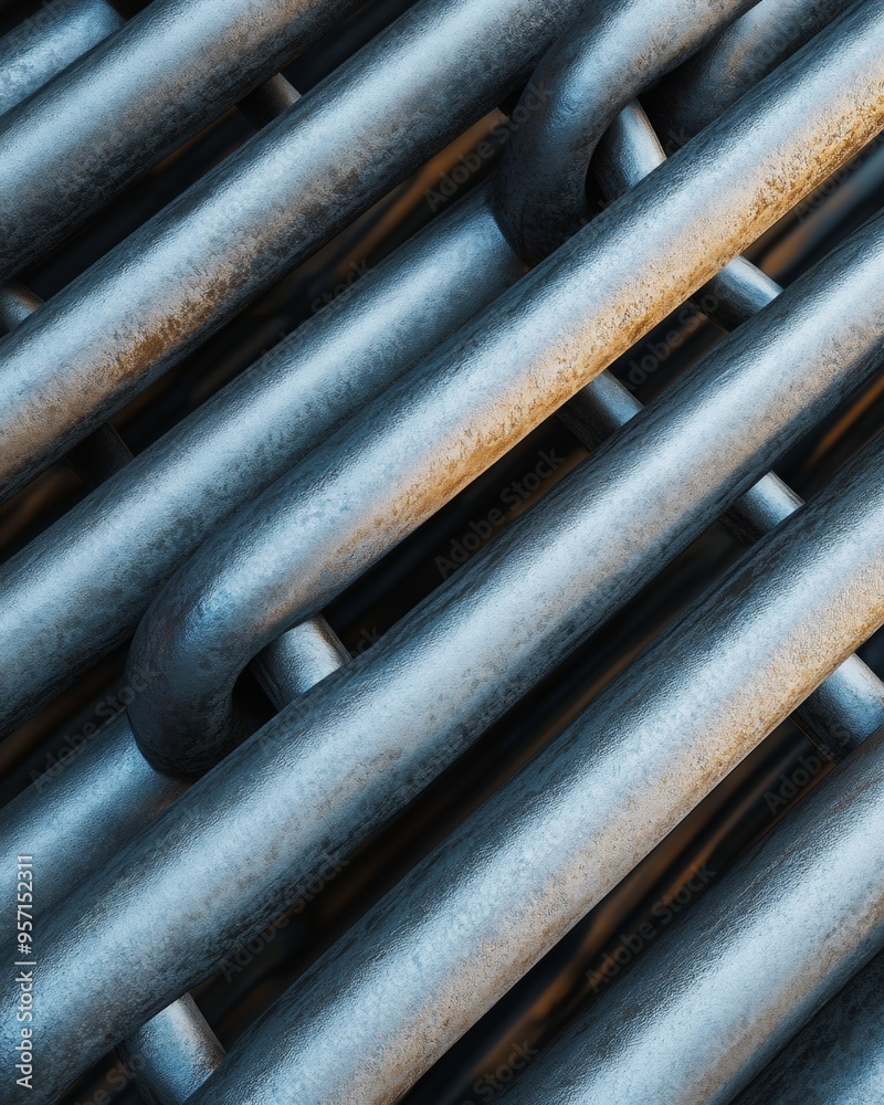 Poster Monochromatic Aerial View of Symmetrical Silver Chains in Geometric Pattern Featuring Bright and Diffused Lighting Enhancing Textured Background