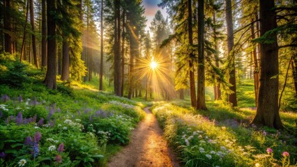Obraz premium Warm sunlight filters through lush green foliage, illuminating a serene forest landscape with vibrant wildflowers and a winding dirt path surrounded by towering trees.
