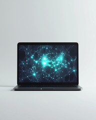 Laptop displaying neural network visualization on screen.