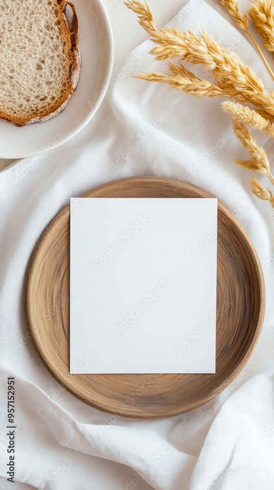 Poster minimalist theme mockup empty white card surrounded by bread slice and silver chain on soft white fa