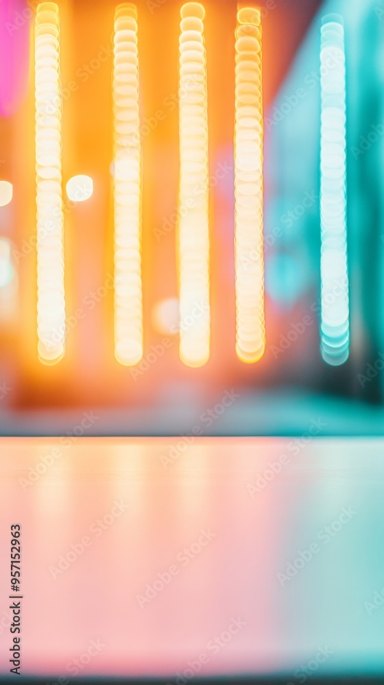 Leinwandbilder modern neon bokeh background with white table surface for product display - vibrant retro-futuristic