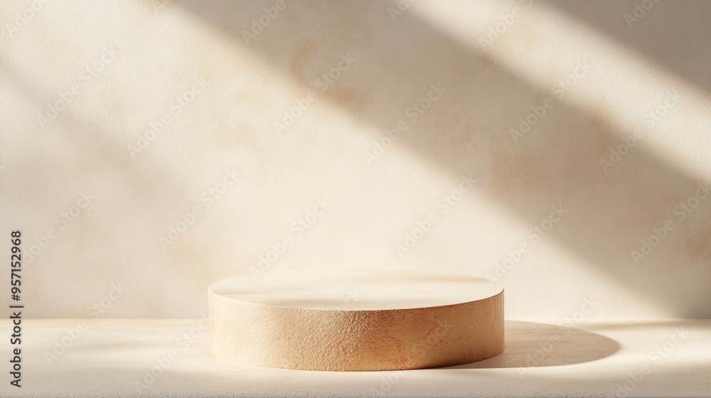 Poster minimalist pastel white circular podium on light brown background with soft shadows and bright diffu