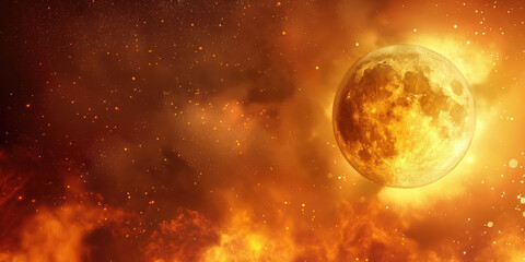 Fiery celestial moon: stunning space art with dramatic flames and cosmic glow