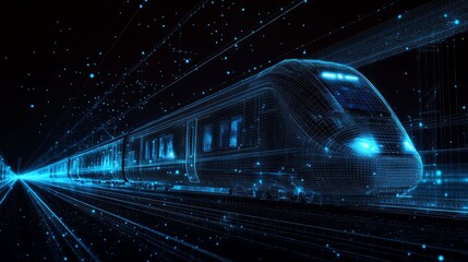 3d low poly illustration of moving high-speed train on rail bridge. Transport, travelling, logistics, tourism concept isolated in black. Abstract vector mesh with lines, dots and blue particles