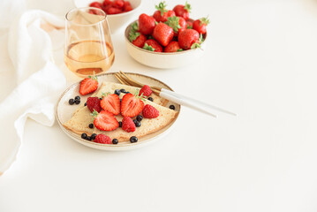 French homemade pancake crepes. Summer breakfast. Copy space