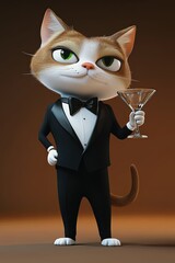 Chat en smoking tenant un verre à cocktail