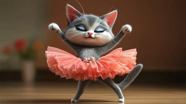 Chat en tutu rose ex&eacute;cutant un pas de danse