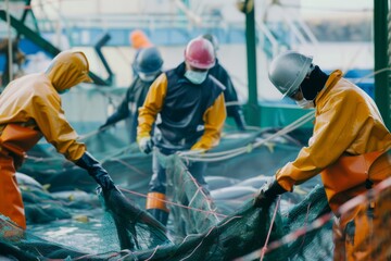 Fishermen clad in varied protective gear diligently handle a large catch, navigating a network of ropes and nets in a vibrant fishing environment.