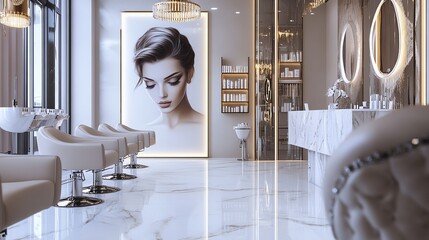 A modern and stylish salon interior with white chairs, a marble floor, and a large picture of a woman.