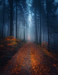 Naklejka premium Sendero rústico en medio de un bosque profundo tenebre de otoño