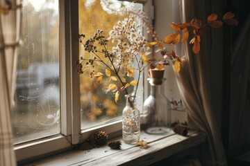 A serene windowsill decorated with a simple glass vase containing dried flowers, capturing a tranquil autumn atmosphere.