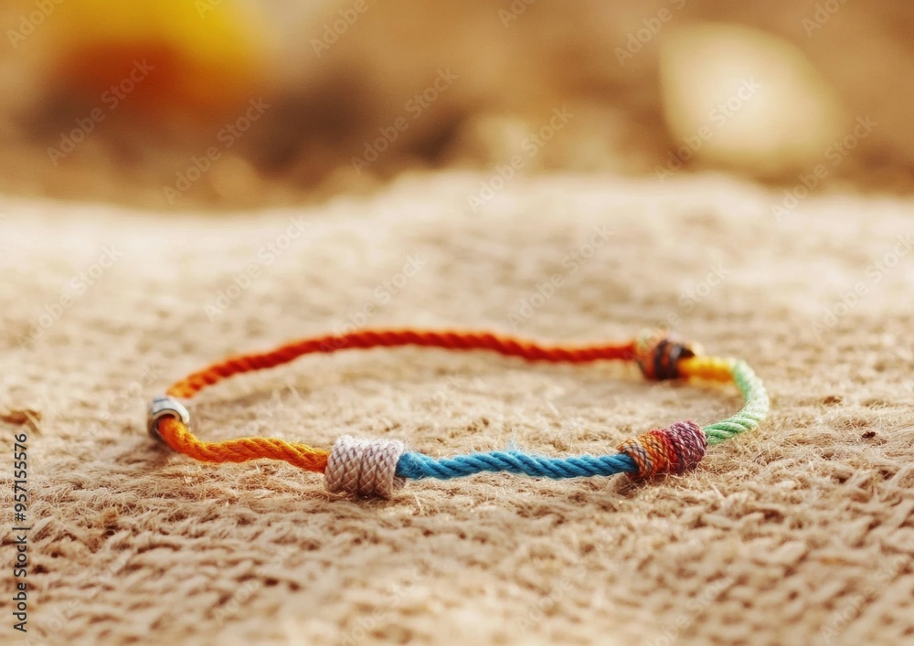 Poster elegant threaded bracelet with colorful threads and charms on textured fabric in warm morning light