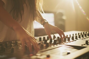 A woman's hands adjust audio controls on a mixing board in a golden-hued, sunlit studio, capturing a moment of musical creation.
