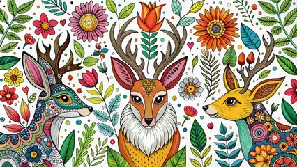 Obraz premium Whimsical illustration of a fox, rabbit, and deer in bold black outlines, adorned with vibrant florals, leaves, and geometric patterns on a white background.