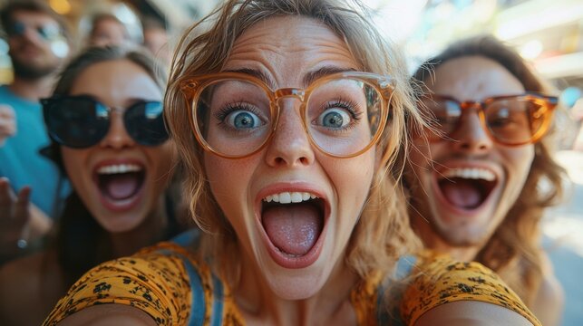 Three Friends Posing for a Selfie With Wide Open Mouths - Surprised