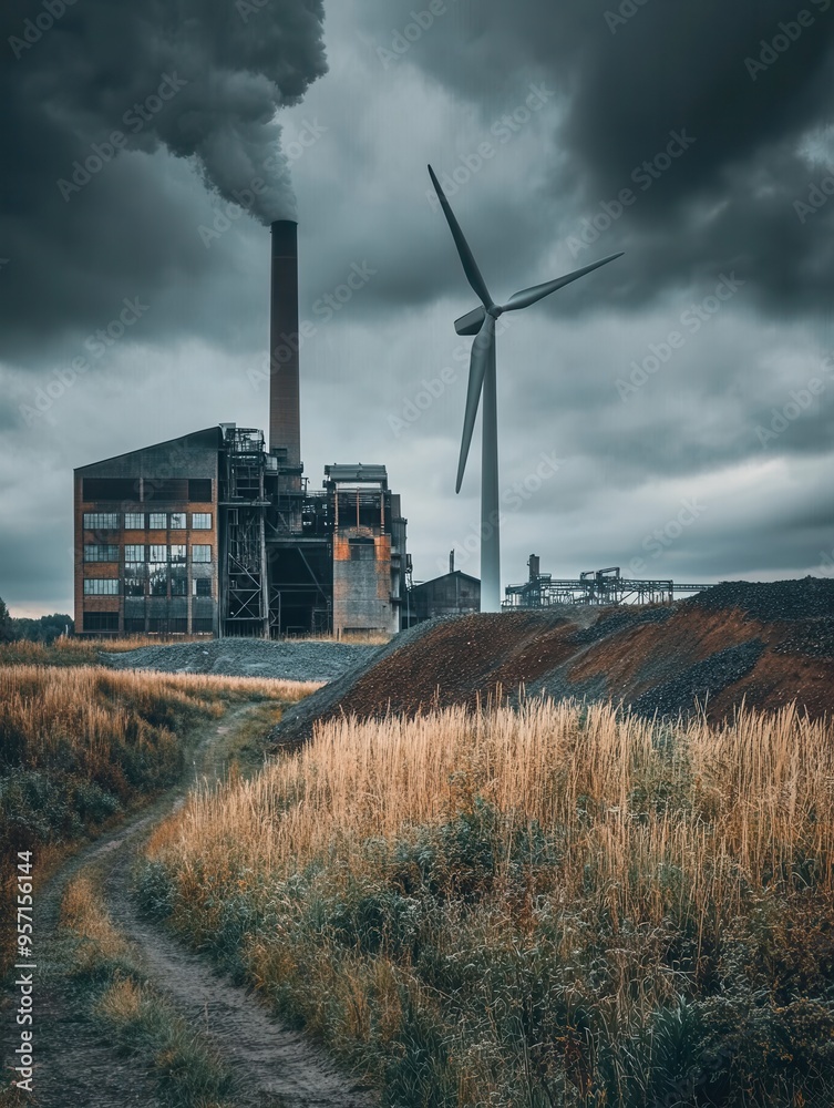 Poster Old factories loom behind wind turbines, showcasing the shift from coal-based energy to renewable sources in a transforming environment. Generative AI