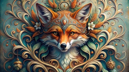 Obraz premium Whimsical illustration of a fox wearing a Venetian-style mask, surrounded by ornate scrollwork and florals, in a mix of traditional and digital sketching techniques.