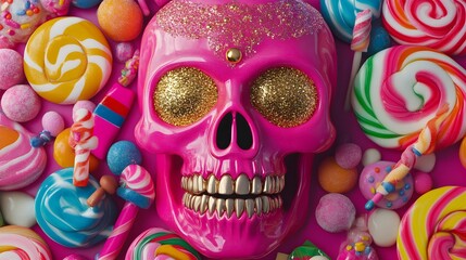 Pink Skull with Gold Teeth Surrounded by Colorful Candies