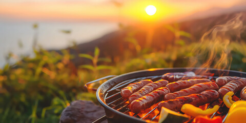 Sunset barbecue: grilled sausages and vegetables by the sea with vibrant sunset horizon