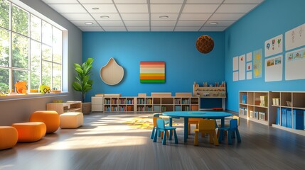 A colorful and inviting playroom with a blue wall, colorful bookshelves, and a table and chairs for...