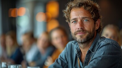 Fototapeta premium A man with a beard and blue eyes is sitting at a table with a group of people