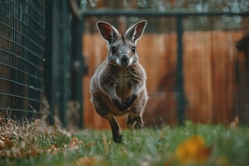 A Young Kangaroo Running Towards the Camera in an Enclosed Area