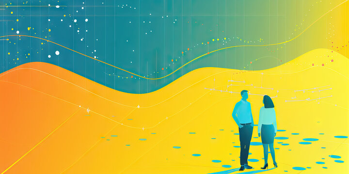 A scatter plot showing the correlation between two factors, such as employee satisfaction and company performance, on a yellow and blue gradient background.