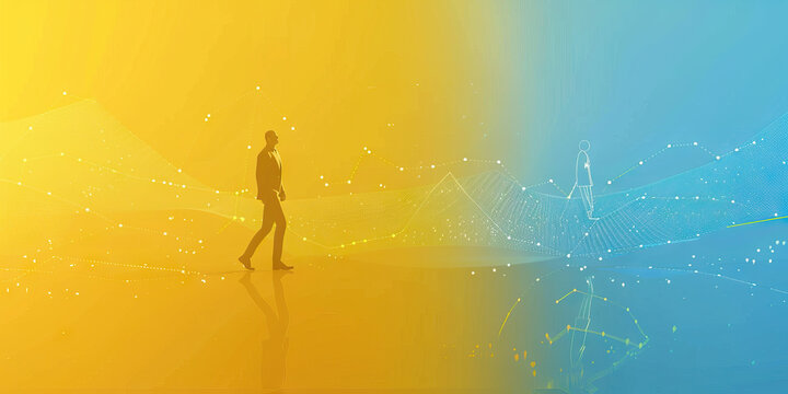 A scatter plot showing the correlation between two factors, such as employee satisfaction and company performance, on a yellow and blue gradient background.