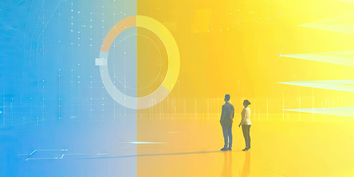 A scatter plot showing the correlation between two factors, such as employee satisfaction and company performance, on a yellow and blue gradient background.