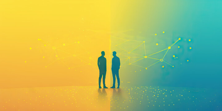 A scatter plot showing the correlation between two factors, such as employee satisfaction and company performance, on a yellow and blue gradient background.