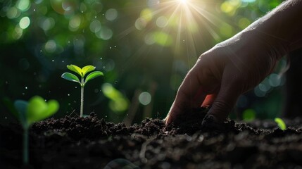 Nurturing New Life: A Hand Gently Tending to a Sprout Emerging from Rich Soil