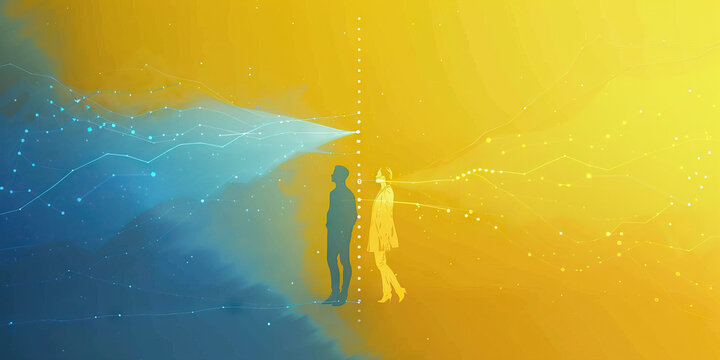 A scatter plot showing the correlation between two factors, such as employee satisfaction and company performance, on a yellow and blue gradient background.