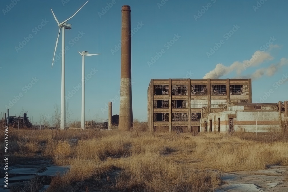 Aufkleber old factories stand as reminders of the past, while wind turbines signify a shift toward renewable e